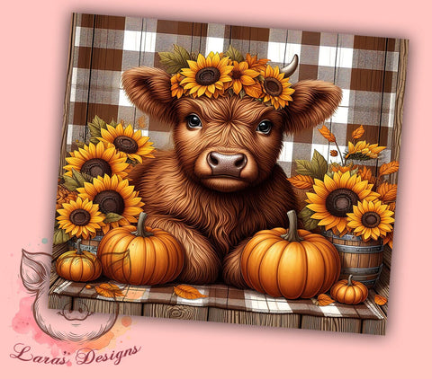 Highland Cow Fall Sunflowers and Pumpkins 20 oz Skinny Tumbler Sublimation Design, Straight & Tapered Tumbler Png, Highland Cow Fall Tumbler Png, Digital Download PNG Sublimation Lara' s Designs 