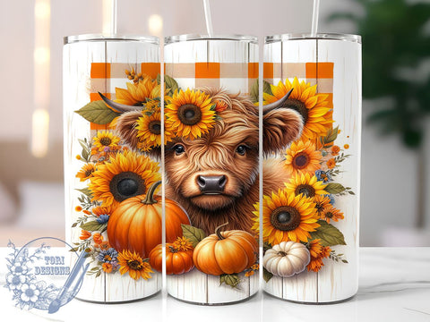 Highland Cow Fall Sunflowers and Pumpkins 20oz Skinny Tumbler, Highland Cow Fall Tumbler Png, Straight & Tapered Tumbler Wrap, Instant Digital Download Sublimation ToriDesigns 