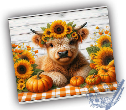 Highland Cow Fall Sunflowers and Pumpkins 20oz Skinny Tumbler, Highland Cow Fall Tumbler Png, Straight & Tapered Tumbler Wrap, Instant Digital Download Sublimation ToriDesigns 
