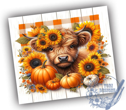 Highland Cow Fall Sunflowers and Pumpkins 20oz Skinny Tumbler, Highland Cow Fall Tumbler Png, Straight & Tapered Tumbler Wrap, Instant Digital Download Sublimation ToriDesigns 