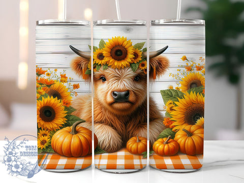 Highland Cow Fall Sunflowers and Pumpkins 20oz Skinny Tumbler, Highland Cow Fall Tumbler Png, Straight & Tapered Tumbler Wrap, Instant Digital Download Sublimation ToriDesigns 