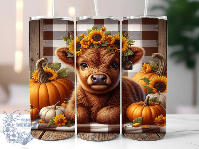 Highland Cow Fall Sunflowers and Pumpkins 20oz Skinny Tumbler PNG, Cute Highland Cow Tumbler Sublimation Wrap, Straight & Tapered Tumbler Wrap, Instant Digital Download Sublimation ToriDesigns 