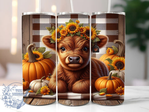 Highland Cow Fall Sunflowers and Pumpkins 20oz Skinny Tumbler PNG, Cute Highland Cow Tumbler Sublimation Wrap, Straight & Tapered Tumbler Wrap, Instant Digital Download Sublimation ToriDesigns 