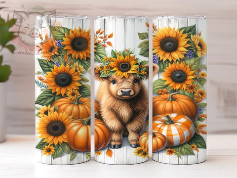Highland Cow Fall Sunflowers and Pumpkins 20oz Tumbler Png, Straight & Tapered Tumbler Png, Western Cow Tumbler Png, Digital Download PNG Sublimation Lara' s Designs 