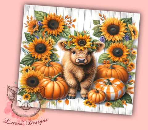 Highland Cow Fall Sunflowers and Pumpkins 20oz Tumbler Png, Straight & Tapered Tumbler Png, Western Cow Tumbler Png, Digital Download PNG Sublimation Lara' s Designs 