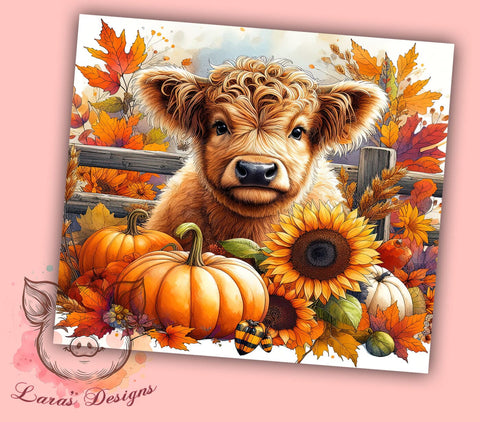 Highland Cow Fall Sunflowers and Pumpkins 20oz Tumbler Png, Straight & Tapered Tumbler Png, Western Cow Tumbler Png, Digital Download PNG Sublimation Lara' s Designs 