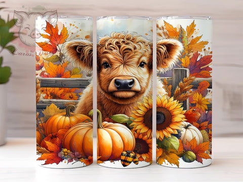 Highland Cow Fall Sunflowers and Pumpkins 20oz Tumbler Png, Straight & Tapered Tumbler Png, Western Cow Tumbler Png, Digital Download PNG Sublimation Lara' s Designs 