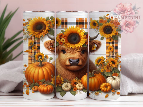 Highland Cow Fall Sunflowers and Pumpkins 20oz Tumbler Wrap PNG, Highland Cow Fall Tumbler Png, Straight & Tapered Tumbler Wrap, Instant Digital Download Sublimation Li Zamperini 