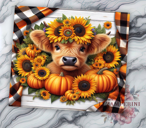 Highland Cow Fall Sunflowers and Pumpkins 20oz Tumbler Wrap PNG, Highland Cow Fall Tumbler Png, Straight & Tapered Tumbler Wrap, Instant Digital Download Sublimation Li Zamperini 