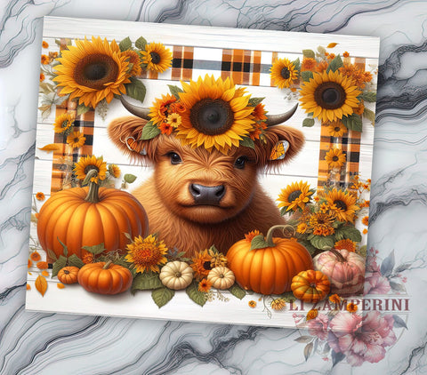 Highland Cow Fall Sunflowers and Pumpkins 20oz Tumbler Wrap PNG, Highland Cow Fall Tumbler Png, Straight & Tapered Tumbler Wrap, Instant Digital Download Sublimation Li Zamperini 