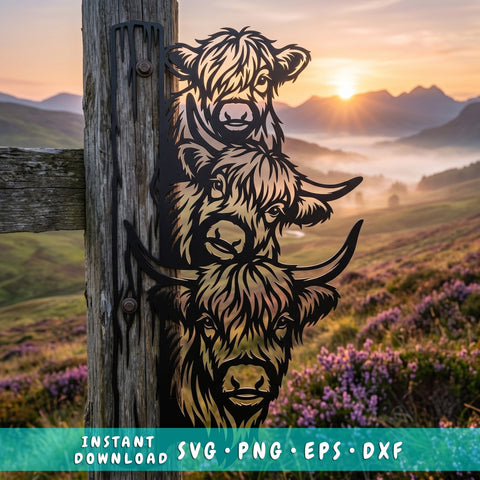 Highland Cow Family Laser SVG | Three Highland Cows Dxf Png | Laser Cut Metal Wall Art File | CNC Plasma Cutting Design | Farmhouse Decor SVG HappyDesignStudio 