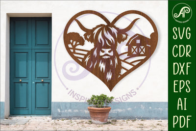 Highland cow farm heart laser cut wall sign SVG APInspireddesigns 