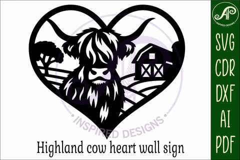 Highland cow farm heart laser cut wall sign SVG APInspireddesigns 