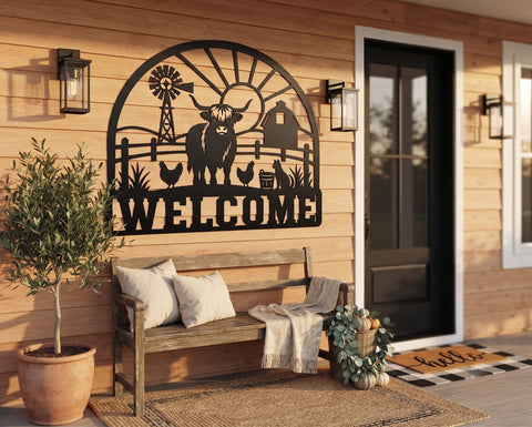 Highland Cow Farm Welcome Sign Laser SVG | Farmhouse Metal Wall Art DXF | Ranch Scene Laser Cut File | Barn Windmill CNC Plasma Cutting Svg SVG HappyDesignStudio 