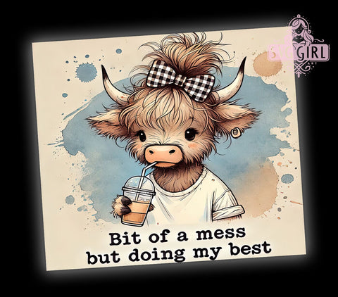 Highland Cow Farmhouse Funny Tumbler, Highland Cow Tumbler, Bit of a Mess Design, 20oz Wrap, Farmhouse Decor, Cow Lover Gift, Funny Drinkware, Sublimation Art Sublimation SvggirlplusArt 