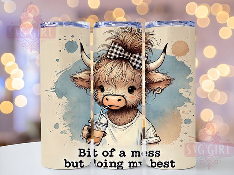 Highland Cow Farmhouse Funny Tumbler, Highland Cow Tumbler, Bit of a Mess Design, 20oz Wrap, Farmhouse Decor, Cow Lover Gift, Funny Drinkware, Sublimation Art Sublimation SvggirlplusArt 