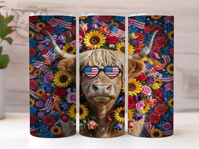 Highland Cow Flag 20oz Tumbler, Highland Cow, Heart Sunglasses, American Flag, Patriotic Design, 4th of July, Skinny Tumbler, Sublimation PNG Sublimation Lara' s Designs 