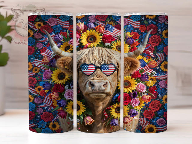 Highland Cow Flag 20oz Tumbler, Highland Cow, Heart Sunglasses, American Flag, Patriotic Design, 4th of July, Skinny Tumbler, Sublimation PNG Sublimation Lara' s Designs 