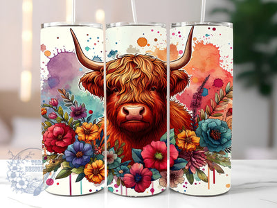 Highland Cow Floral 20 oz Skinny Tumbler Sublimation Design, Baby Highland Cow Tumbler Png, Straight & Tapered Tumbler Wrap, Instant Digital Download Sublimation ToriDesigns 
