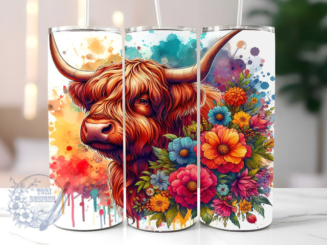 Highland Cow Floral 20 oz Skinny Tumbler Sublimation Design, Baby Highland Cow Tumbler Png, Straight & Tapered Tumbler Wrap, Instant Digital Download Sublimation ToriDesigns 