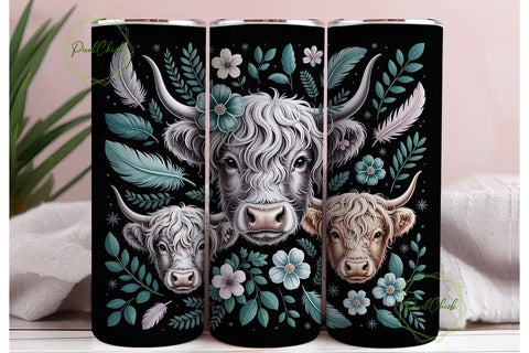Highland Cow Floral 20oz Tumbler Design Sublimation PixelChick 