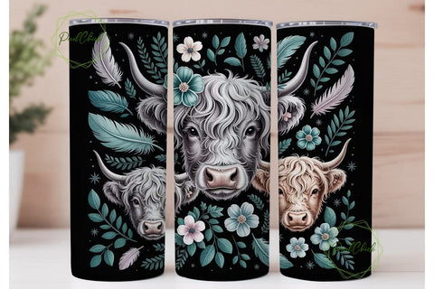 Highland Cow Floral 20oz Tumbler Design Sublimation PixelChick 