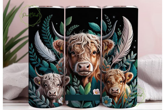 Highland Cow Floral 20oz Tumbler Design Sublimation PixelChick 