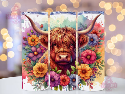 Highland Cow Floral 20oz Tumbler Wrap Sublimation Design, Straight Tapered Tumbler Wrap, Colorful Highland Cow Tumbler Png, Instant Digital Download Sublimation SvggirlplusArt 