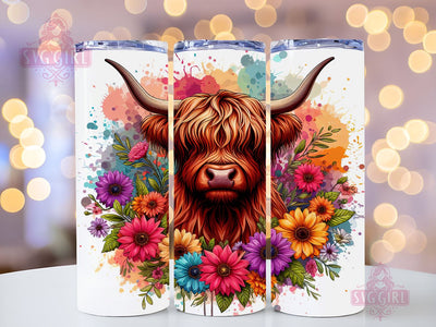 Highland Cow Floral 20oz Tumbler Wrap Sublimation Design, Straight Tapered Tumbler Wrap, Colorful Highland Cow Tumbler Png, Instant Digital Download Sublimation SvggirlplusArt 