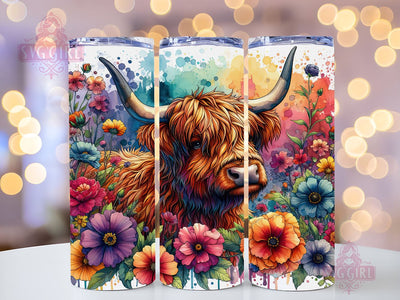 Highland Cow Floral 20oz Tumbler Wrap Sublimation Design, Straight Tapered Tumbler Wrap, Colorful Highland Cow Tumbler Png, Instant Digital Download Sublimation SvggirlplusArt 