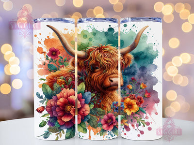 Highland Cow Floral 20oz Tumbler Wrap Sublimation Design, Straight Tapered Tumbler Wrap, Colorful Highland Cow Tumbler Png, Instant Digital Download Sublimation SvggirlplusArt 