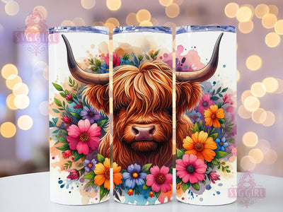 Highland Cow Floral 20oz Tumbler Wrap Sublimation Design, Straight Tapered Tumbler Wrap, Colorful Highland Cow Tumbler Png, Instant Digital Download Sublimation SvggirlplusArt 