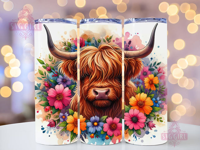 Highland Cow Floral 20oz Tumbler Wrap Sublimation Design, Straight Tapered Tumbler Wrap, Colorful Highland Cow Tumbler Png, Instant Digital Download Sublimation SvggirlplusArt 