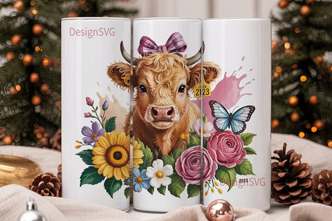 Highland Cow Floral 20oz Tumbler Wrap Sublimation DesignSVG 