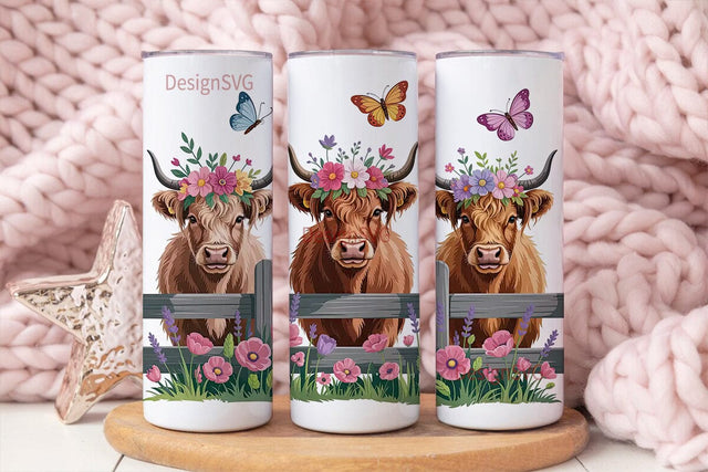 Highland Cow Floral 20oz Tumbler Wrap Sublimation DesignSVG 