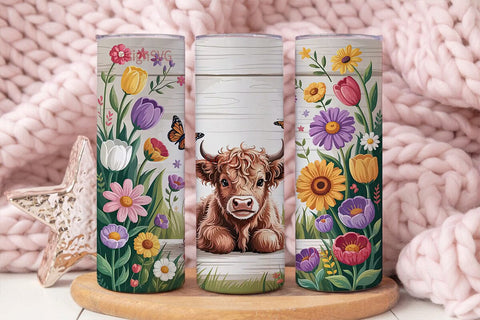 Highland Cow Floral 20oz Tumbler Wrap Sublimation DesignSVG 