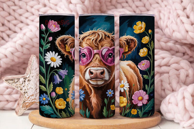 Highland Cow Floral 20oz Tumbler Wrap Sublimation DesignSVG 