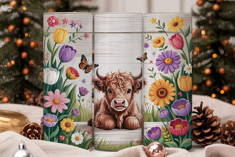 Highland Cow Floral 20oz Tumbler Wrap Sublimation DesignSVG 