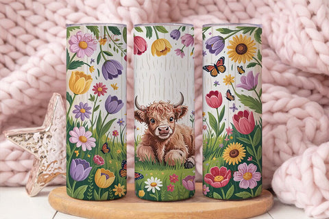 Highland Cow Floral 20oz Tumbler Wrap Sublimation DesignSVG 