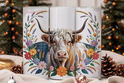 Highland Cow Floral 20oz Tumbler Wrap Sublimation DesignSVG 