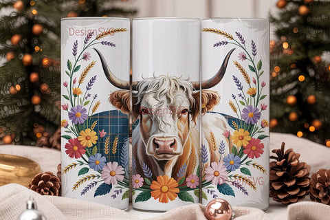 Highland Cow Floral 20oz Tumbler Wrap Sublimation DesignSVG 