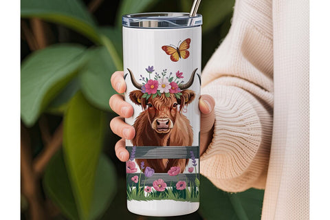 Highland Cow Floral 20oz Tumbler Wrap Sublimation DesignSVG 