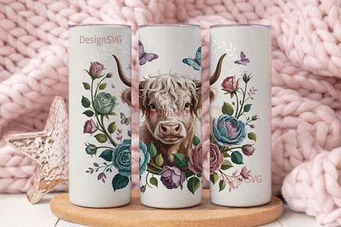 Highland Cow Floral 20oz Tumbler Wrap Sublimation DesignSVG 
