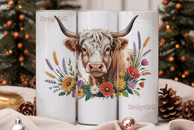 Highland Cow Floral 20oz Tumbler Wrap Sublimation DesignSVG 