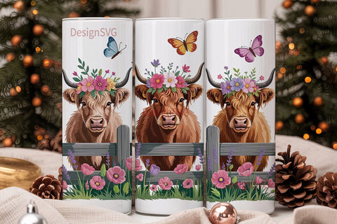 Highland Cow Floral 20oz Tumbler Wrap Sublimation DesignSVG 