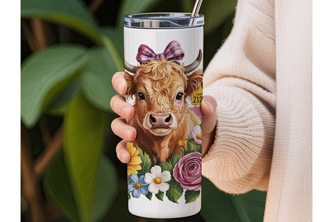 Highland Cow Floral 20oz Tumbler Wrap Sublimation DesignSVG 