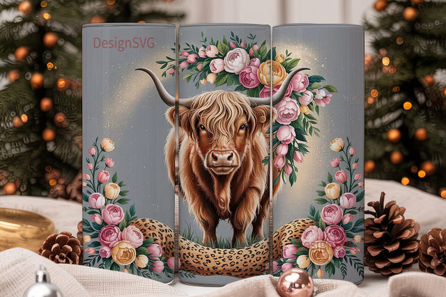 Highland Cow Floral 20oz Tumbler Wrap Sublimation DesignSVG 