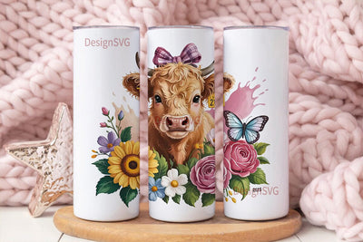 Highland Cow Floral 20oz Tumbler Wrap Sublimation DesignSVG 