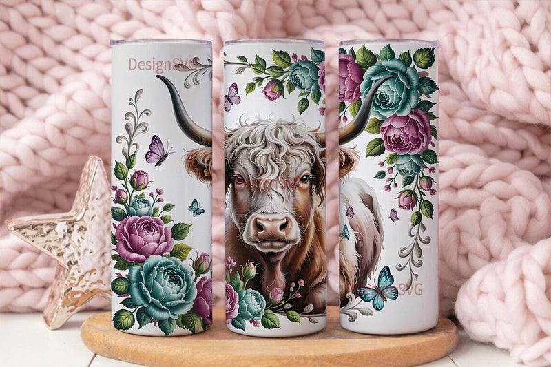Highland Cow Floral 20oz Tumbler Wrap Sublimation DesignSVG 