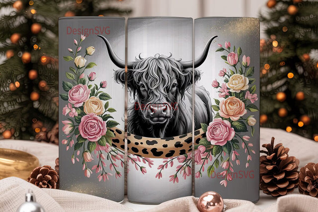 Highland Cow Floral 20oz Tumbler Wrap Sublimation DesignSVG 
